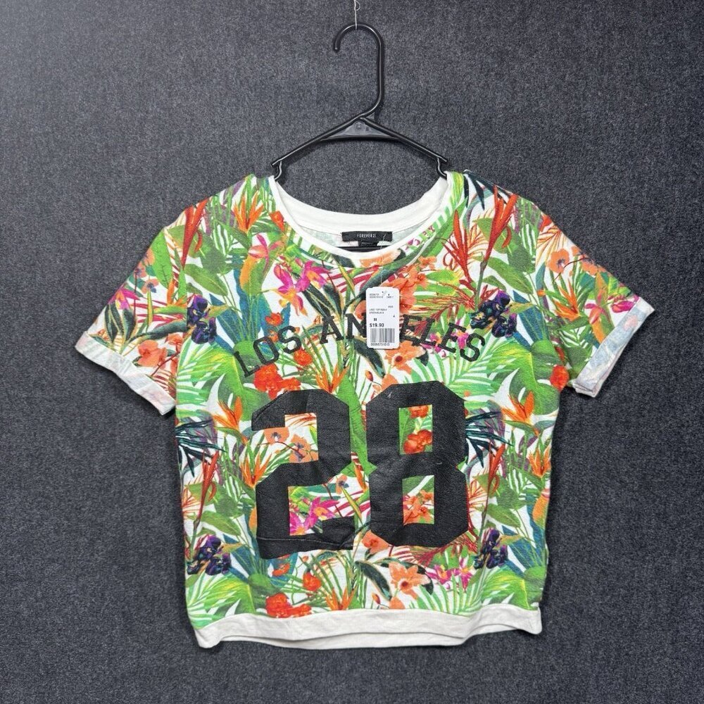Forever 21 Women’s Logo Top Los Angeles Crop Short Sleeve Tropical Floral Size M